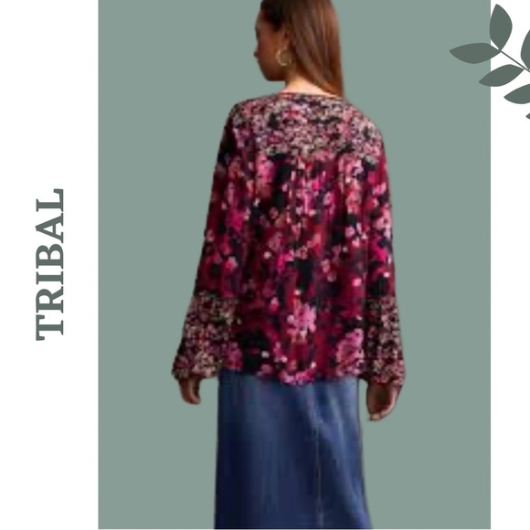 Tribal Flowy Blouse Floral Mixed Print Bob Pintuck Detail Purple Pink Size Small - Picture 4 of 11